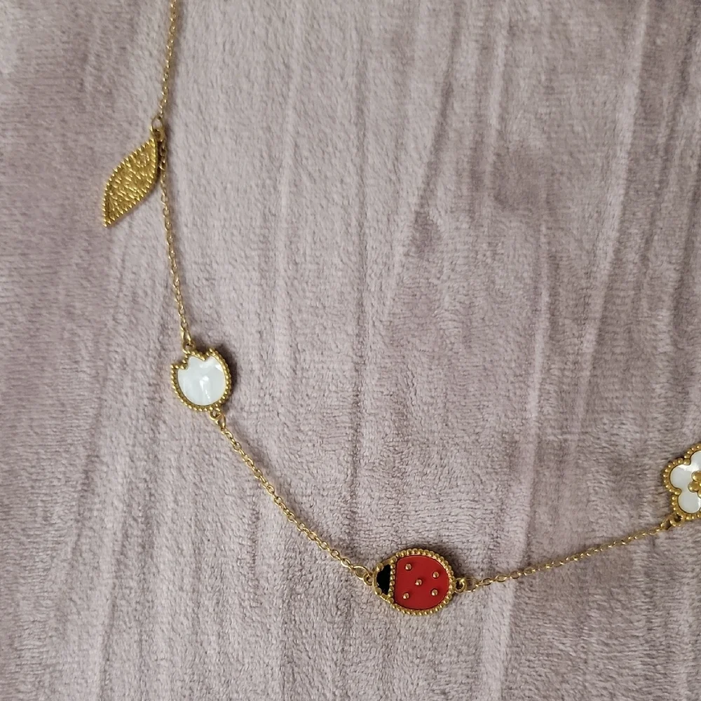 Gold and Red Clover Charm Necklace With Lady Bug - Picture 3 of 5